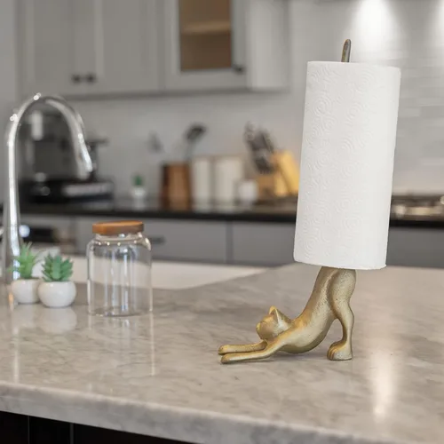 Vista 7 de WallCharmers Soporte para toallas de papel dorado, soporte de papel higiénico o de cocina de metal para piso o encimera, gato dorado