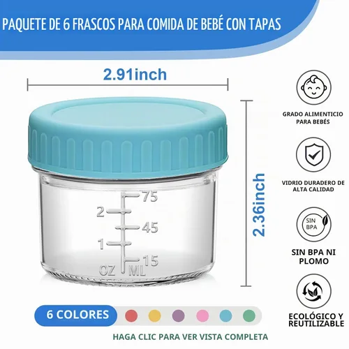 Vista 2 de Accguan - Paquete de 6 recipientes de vidrio para almacenamiento de alimentos para bebés, tarros de comida para bebés de 4 onzas