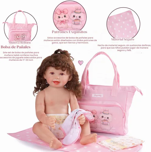 Vista 3 de BABESIDE Juego de 5 bolsas de pañales para muñecas de bebé, bonitos patrones de gato, accesorios para muñecas de bebé, bolsa de pañales rosa