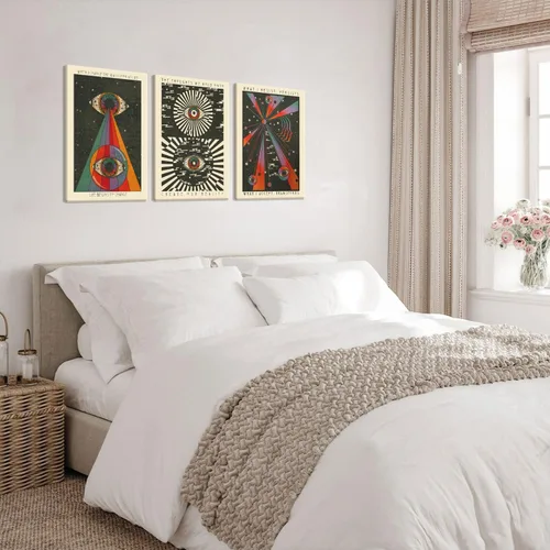 Vista 7 de Juego de 3 lienzos enmarcados de estilo retro hippie para pared, meditación, psique delicados, arte en lienzo bohemio de los años 70