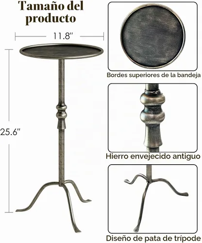 Vista 2 de 25.6" Vintage Round Pedestal End Table with Tray Top, Antique Martini Cocktail Accent Table for Living Room, Bedroom, Drink Table with Brass