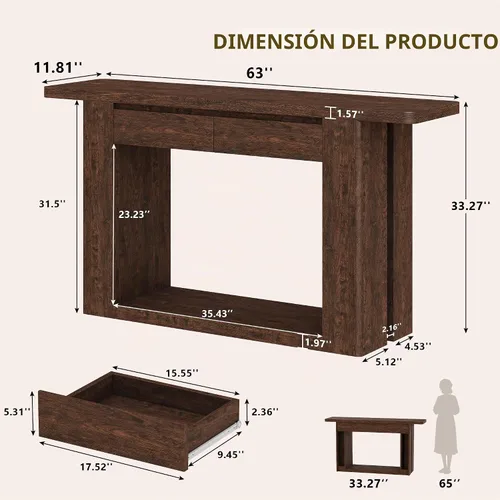 Vista 2 de iPormis Mesa de entrada de 63 pulgadas de largo con 2 cajones de almacenamiento y luces LED, mesa consola estrecha detrás del sofá, mesa de pasillo