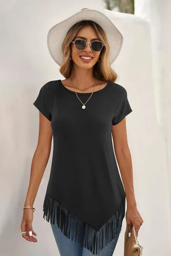 Vista 5 de liher Camisetas de verano para mujer, manga corta, raglán, cuello redondo, dobladillo asimétrico, con flecos, túnica