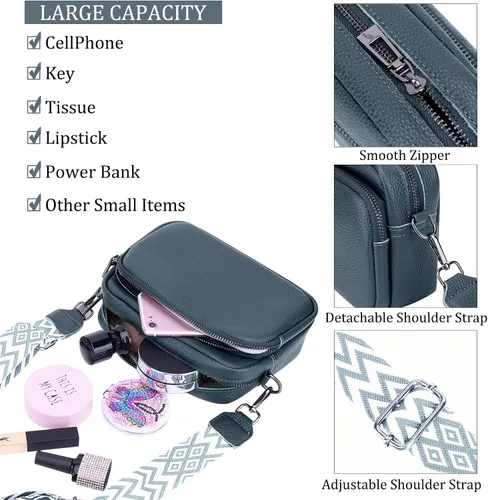 Vista 3 de Bolso cruzado pequeño para mujer, de piel auténtica, bolso cruzado para cámara, bolso cruzado para mujer con correa de guitarra