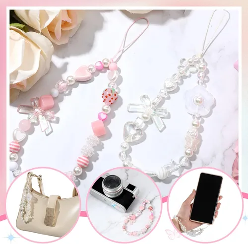 Vista 5 de LEIFIDE - 2 correas de muñeca para teléfono con cuentas, lindo cordón estético rosa, corazón Beaded Charms with Anti-theft Design, Keychain for