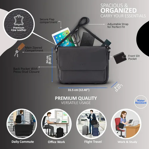 Vista 2 de Bolso de mensajero de cuero genuino para hombres - Maletín para portátil de 13 pulgadas - Bolsa de trabajo de viaje de negocios de piel de vaca