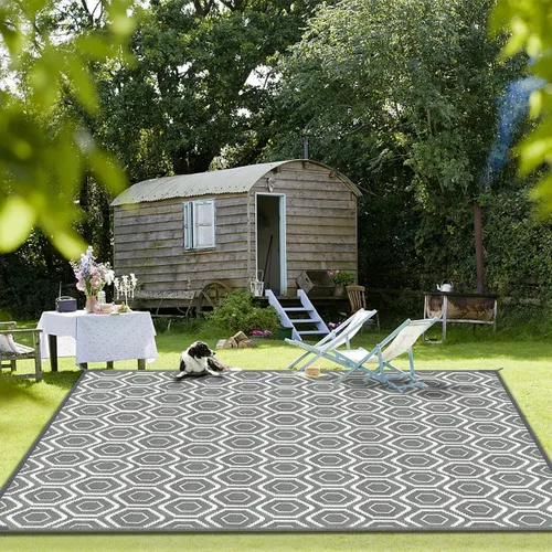 Vista 8 de fifame Alfombra de exterior de 9 x 12, alfombra de patio tejida de plástico gris & blanco