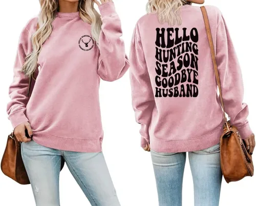 Vista 20 de DUDIHOHX Hello Hunting Season Goodbye Husband - Sudadera de manga larga con estampado de moda, casual, cuello redondo