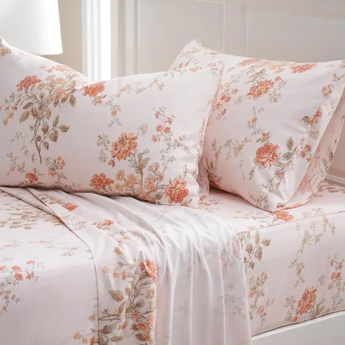 Vista 19 de Zusbest Juego de sábanas florales de 100 % algodón percal, color naranja y amarillo, juego de sábanas suaves y transpirables con diseño botánico