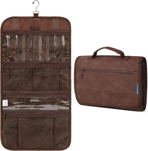 Vista 13 de PAVILIA - Neceser colgante para mujer y hombre, kit de viaje plegable organizador de artículos de tocador, bolsa de cosméticos enrollable, estuche