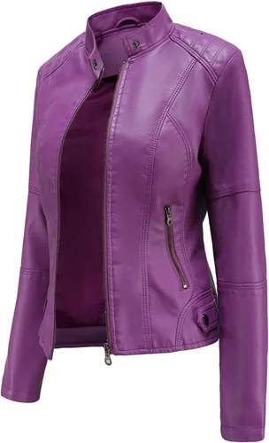 Vista 7 de DEAR MODEL Chaqueta de cuero sintético para mujer, chaqueta de motocicleta con cinturón, morado, XL