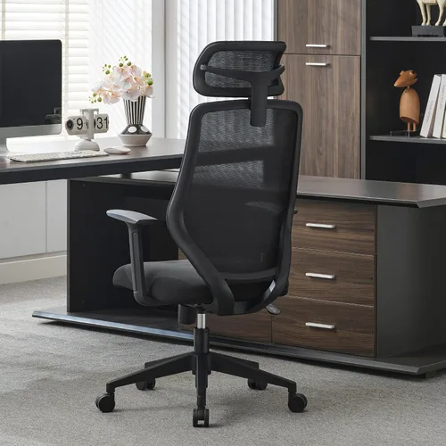 Vista 6 de Okeysen Silla de oficina ergonómica de malla, silla giratoria de computadora con respaldo alto con reposacabezas ajustable 2D, soporte lumbar