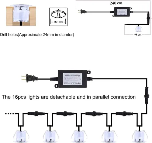 Vista 6 de Tomshine Kit de luces LED empotrables para terraza, paquete de 16 luces de paso de 1.260 in de diámetro para exteriores, impermeables, luces