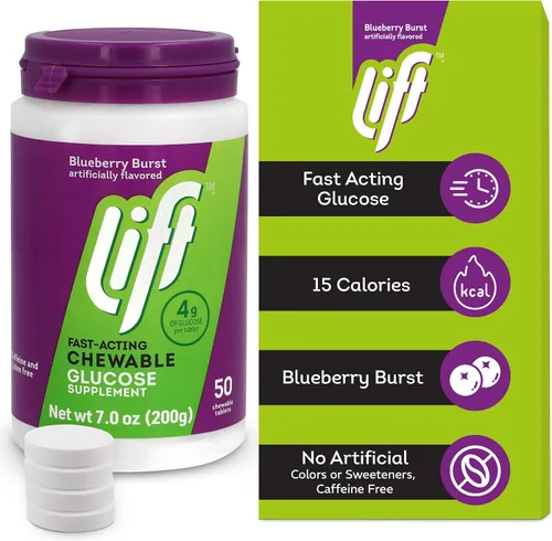 Vista 2 de Lift Glucosa, tabletas energéticas masticables de glucosa de acción rápida, arándano, tarro de 50 unidades (paquete de 1) Chewable glucose tablets