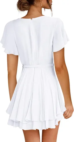 Vista 3 de Cosonsen Vestido corto de mujer con cuello en V profundo, manga larga, cintura con volados, vestido skater
