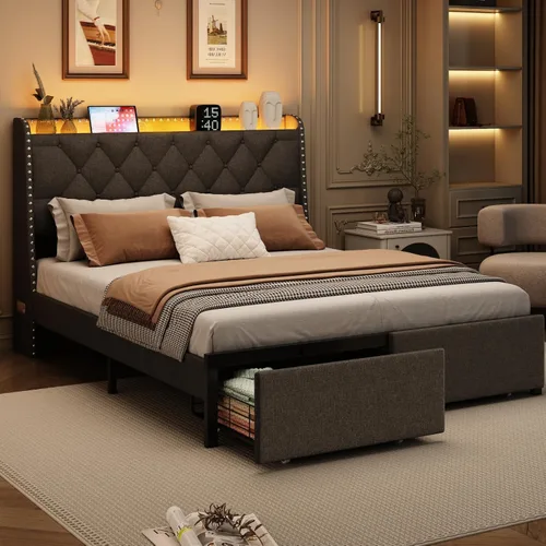 Vista 14 de Base de cama tamaño matrimonial con cabecera de almacenamiento y 2 cajones, base de cama tapizada con luces LED y práctica estación de carga, no Gris