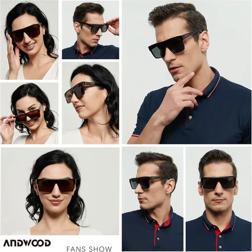 Vista 4 de ANDWOOD Gafas de sol polarizadas cuadradas para hombres y mujeres, protección UV, de gran tamaño, parte superior plana, grandes sombras a la moda