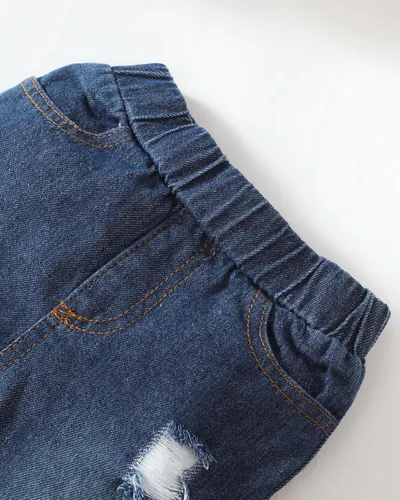 Vista 6 de XUANHAO Ropa de bebé niña de 12, 18 y 24 meses, trajes para niñas pequeñas, ropa de mezclilla con volantes, pantalones de mezclilla rasgados