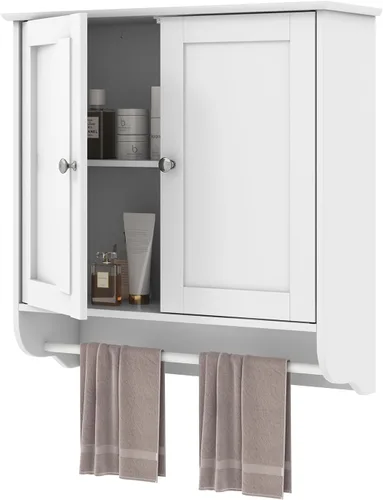 Vista 8 de COSTWAY Armario de baño montado en la pared, armario de almacenamiento sobre el inodoro con toallero, 2 puertas y estante ajustable, gabinete