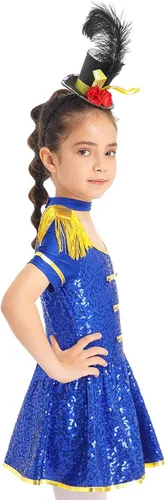 Vista 4 de MSemis Disfraz de Majorette de lentejuelas para niñas, con borlas, gorra de línea A, vestido de uniforme de maestro de anillos real