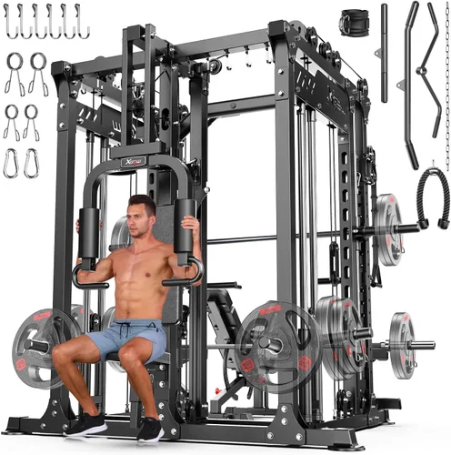 Vista 23 de XGSW Smith Machine Gimnasio en casa, jaula de potencia multifunción con sistema cruzado de cable de polea doble, estante para sentadillas para L06