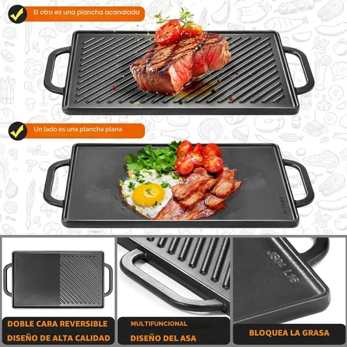 Vista 3 de GGC Parrilla reversible de hierro fundido, sartén de doble cara perfecta para parrillas de gas y estufas, 13 x 8.25 pulgadas rectangular