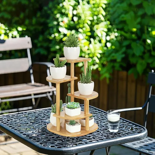 Vista 8 de Jotsport Soporte de bambú de 5 niveles para plantas, estante pequeño para alféizar de ventana, mini suculentas, soporte de exhibición para sala