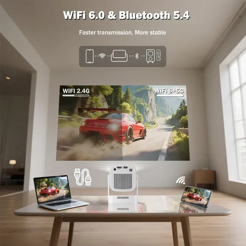 Vista 2 de Mini proyector con WiFi y Bluetooth, proyector portátil de 260 Ansi Proyector de película nativo 1080P, Keystone automático, altavoz de 5 W, soporte