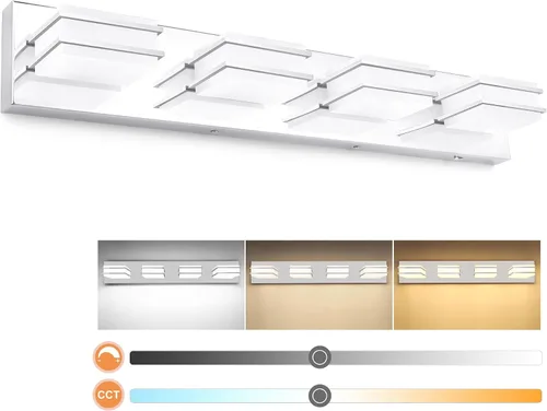 Vista 14 de 3 lámparas de baño regulables de temperatura de color para sobre espejo, lámparas de tocador LED cromadas de 3 luces, lámparas de tocador de baño