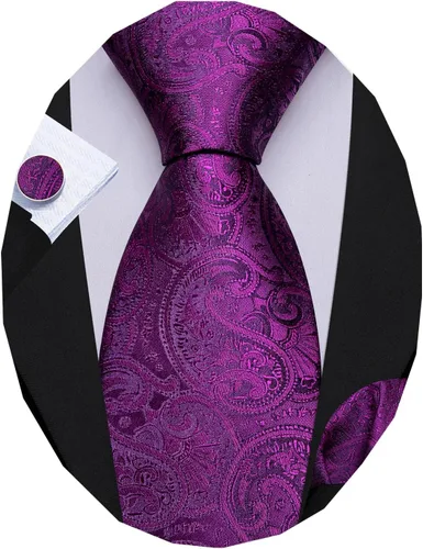Vista 11 de Barry.Wang Conjunto de corbatas para hombre, seda con diseño de cachemira, corbata tejida formal con pañuelo de bolsillo y gemelos Un Burgandy