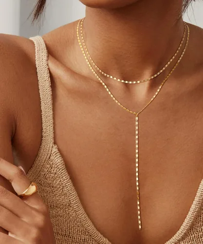 Vista 3 de MBW Lariat Collar para mujer, moderno, chapado en oro de 14 quilates, cadena de plata delicada en Y, collar largo y simple con perlas cúbicas
