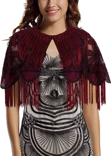 Vista 3 de VIJIV - Chal negro para mujer de los años 20 con flecos bordados para noche
