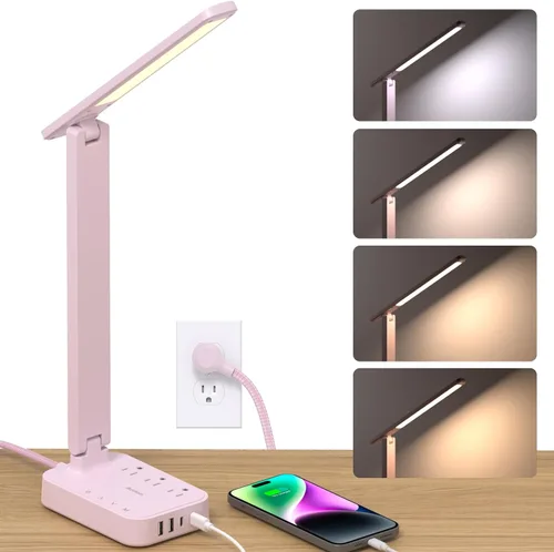 Vista 13 de Addtam Lámpara LED de escritorio, tira de alimentación con 3 tomas, 4 puertos de carga USB (2 USBC), 4 modos, lámpara táctil de 5 niveles de brillo
