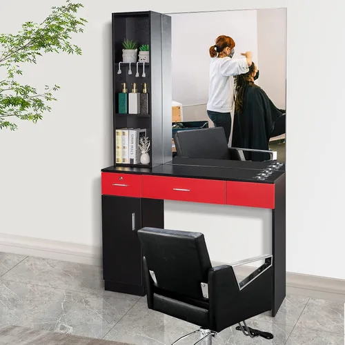 Vista 8 de OmySalon Estación de peluquería con espejo, estación de peluquería para estilista, equipo de spa de belleza de montaje en pared con 3 soportes