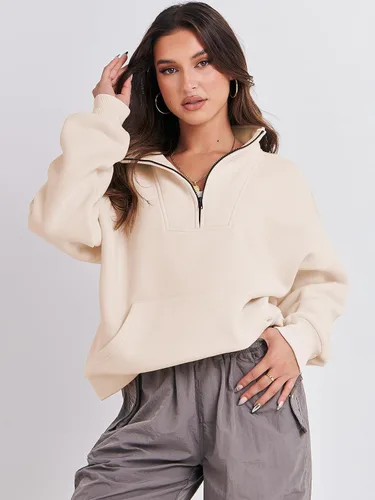 Vista 2 de ANRABESS Sudaderas con media cremallera para mujer, sudaderas cortas de gran tamaño, con cremallera de un cuarto, suéter de forro polar, suéter