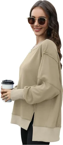 Vista 3 de Sudaderas de gran tamaño para mujer, cuello redondo, manga larga, casual, con abertura, ropa de moda 2023