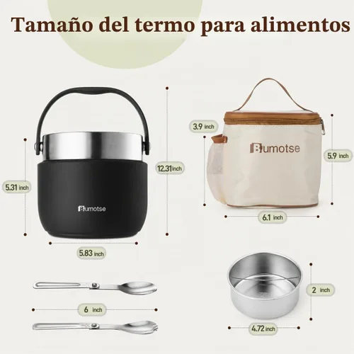 Vista 4 de Tarro de comida aislado de 40 onzas con 2 compartimentos, termo a prueba de fugas para comida caliente, boca ancha, acero inoxidable, incluye Negro