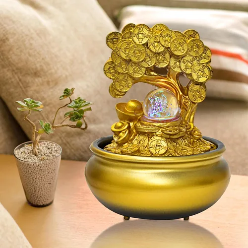 Vista 3 de Árbol de dinero dorado Feng Shui fuente de agua de escritorio decoración de cascada con luz LED, portátil, mesa decorativa, meditación zen, cascada