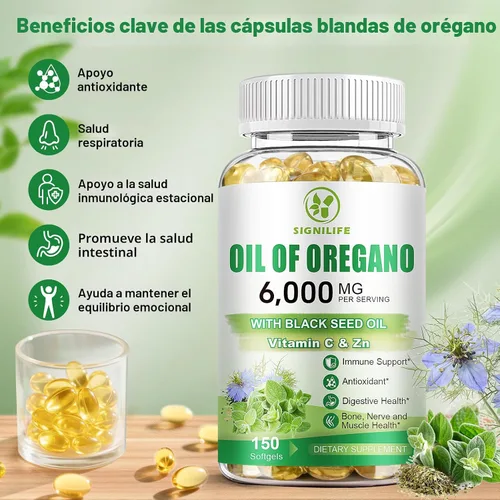 Vista 3 de Aceite de orégano con aceite de semilla negra, cápsulas de aceite de orégano de 6000 mg para apoyo inmunológico con alto contenido de carvacrol