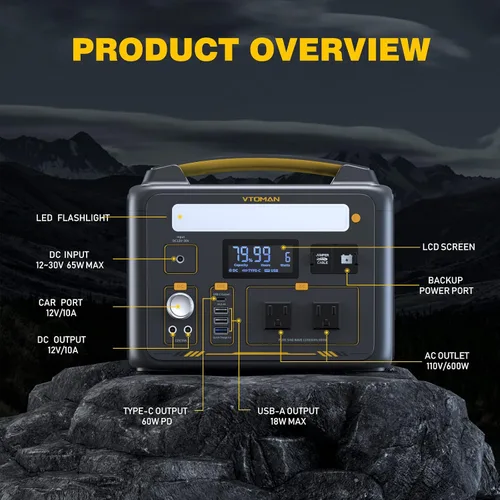 Vista 6 de VTOMAN Estación de energía portátil de 600 W, batería LiFePO4 de 299 Wh con capacidad ampliable, con salidas de CA de 600 W (pico de 1200 W)/puerto