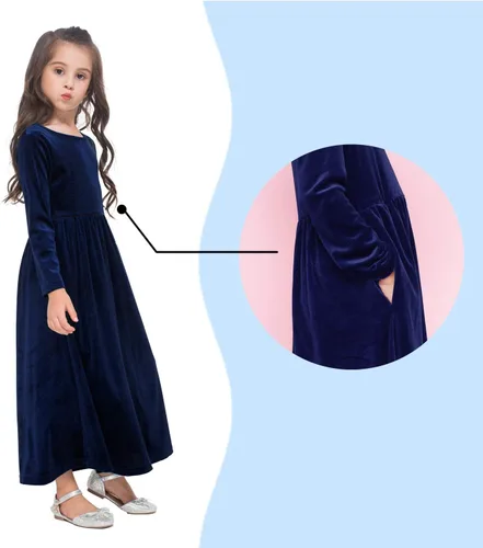Vista 3 de GAZIAR Vestido largo de terciopelo con bolsillos para niñas, vestido casual de manga larga, vestido de fiesta para vestido de noche, Navidad, boda