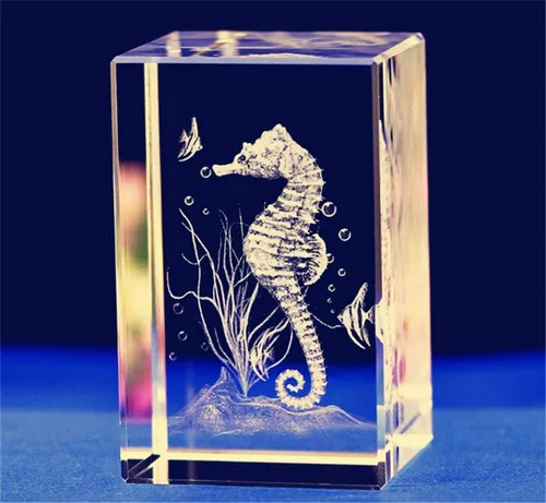 Vista 3 de Modelo de estatua de caballito de mar de cristal de cristal, arte de figura de caballito de mar grabado con láser 3D, cubo de cristal de animal