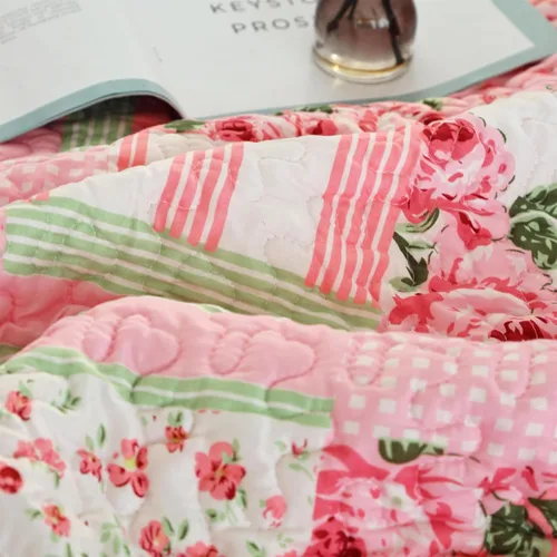 Vista 8 de Colcha floral con 1 funda de almohada, tamaño individual, juego de edredón de retazos rosa de 2 piezas, edredón de verano para niñas y mujeres