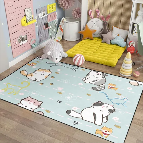 Vista 5 de Alfombra de gatos de dibujos animados para niñas, bonita decoración de habitación de niños, alfombra con temática de animales azules, alfombra ultra