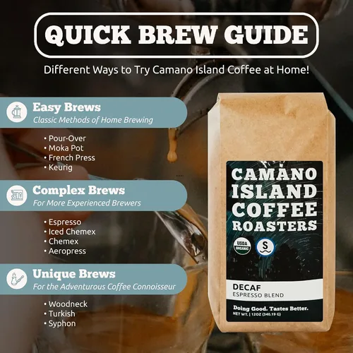 Vista 5 de Camano Island Coffee Roasters Mezcla de espresso descafeinado, grano entero de 12 onzas, tostado oscuro fresco de agua suiza procesada, orgánico