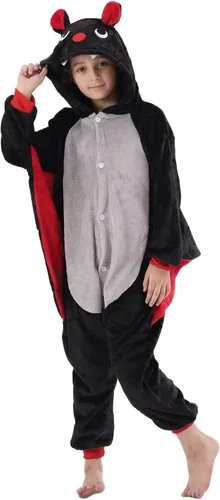 Vista 6 de Disfraz de una pieza de franela con capucha para niños y niñas, disfraz de Halloween de animales negro (Black Bat)