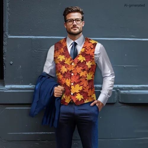 Vista 4 de TODIYADDU Chaleco de cuello en V para hombre, chaquetas de traje sin mangas Maple Leaf