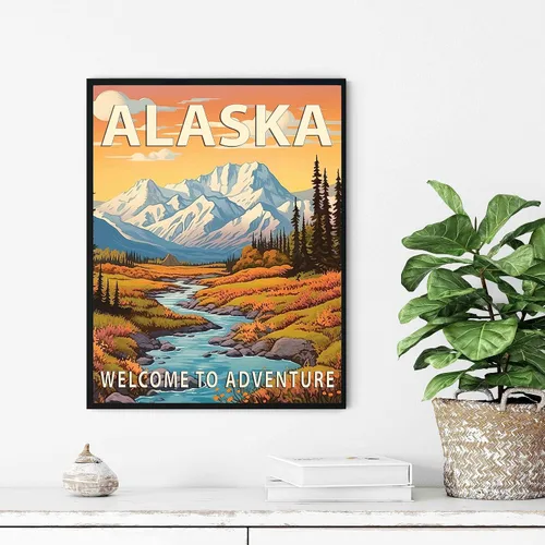 Vista 3 de Póster artístico de Alaska, decoración artística de paisaje retro de Estados Unidos, pintura de montaña y paisaje de aventura para dormitorio, sala