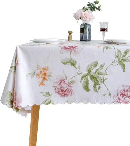 Vista 7 de LIBERECOO Juego de manteles de vinilo floral de alta calidad, mantel de PVC impermeable a prueba de aceite para mesas redondas, uso de alta