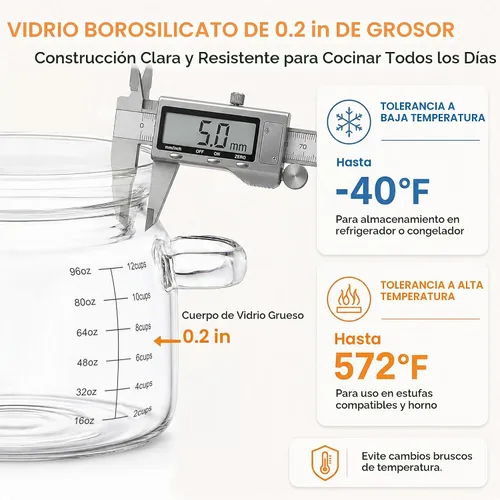 Vista 3 de Olla de vidrio de 3.2 cuartos de galón con tapa y marcas de medición